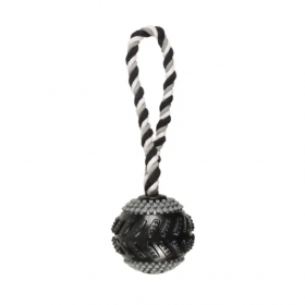 Кучешка играчка Flamingo Toy Gladiator Tug rope Curling with ball Black гумена топка с въже за дърпане